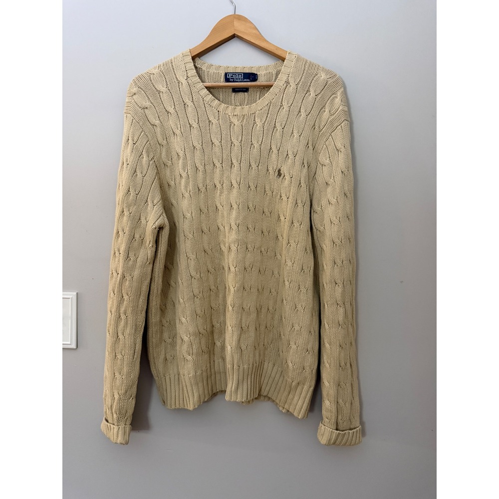 Polo Ralph Lauren Cable Knit Sweater Large Beige Mens Pullover fisherman preppy